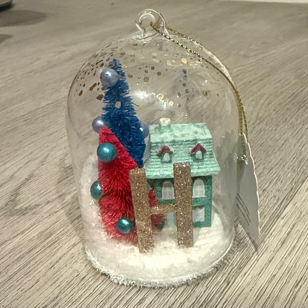 Anthropologie Holiday Glass Dome with Blue and Red Trees